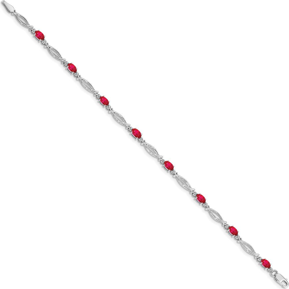 14K White Gold 7.25" Bracelet with Oval Rubies and Round Diamonds - 0.32 Carats Ruby, 0.005 Carats Total Diamond Weight by Monteluci Fine Jewelry