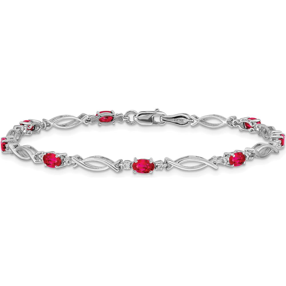 14K White Gold 7.25" Bracelet with Oval Rubies and Round Diamonds - 0.32 Carats Ruby, 0.005 Carats Total Diamond Weight by Monteluci Fine Jewelry