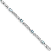 14K White Gold 7.25" Gemstone X-Design Bracelet with Aquamarine and Diamond Accents - 0.21 Carats Aquamarine, 0.01 Carats Diamond Total Weight by Oro Pregiato