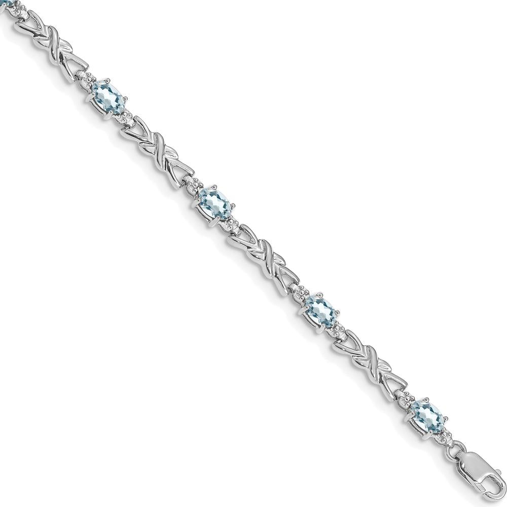 14K White Gold 7.25" Gemstone X-Design Bracelet with Aquamarine and Diamond Accents - 0.21 Carats Aquamarine, 0.01 Carats Diamond Total Weight by Oro Pregiato
