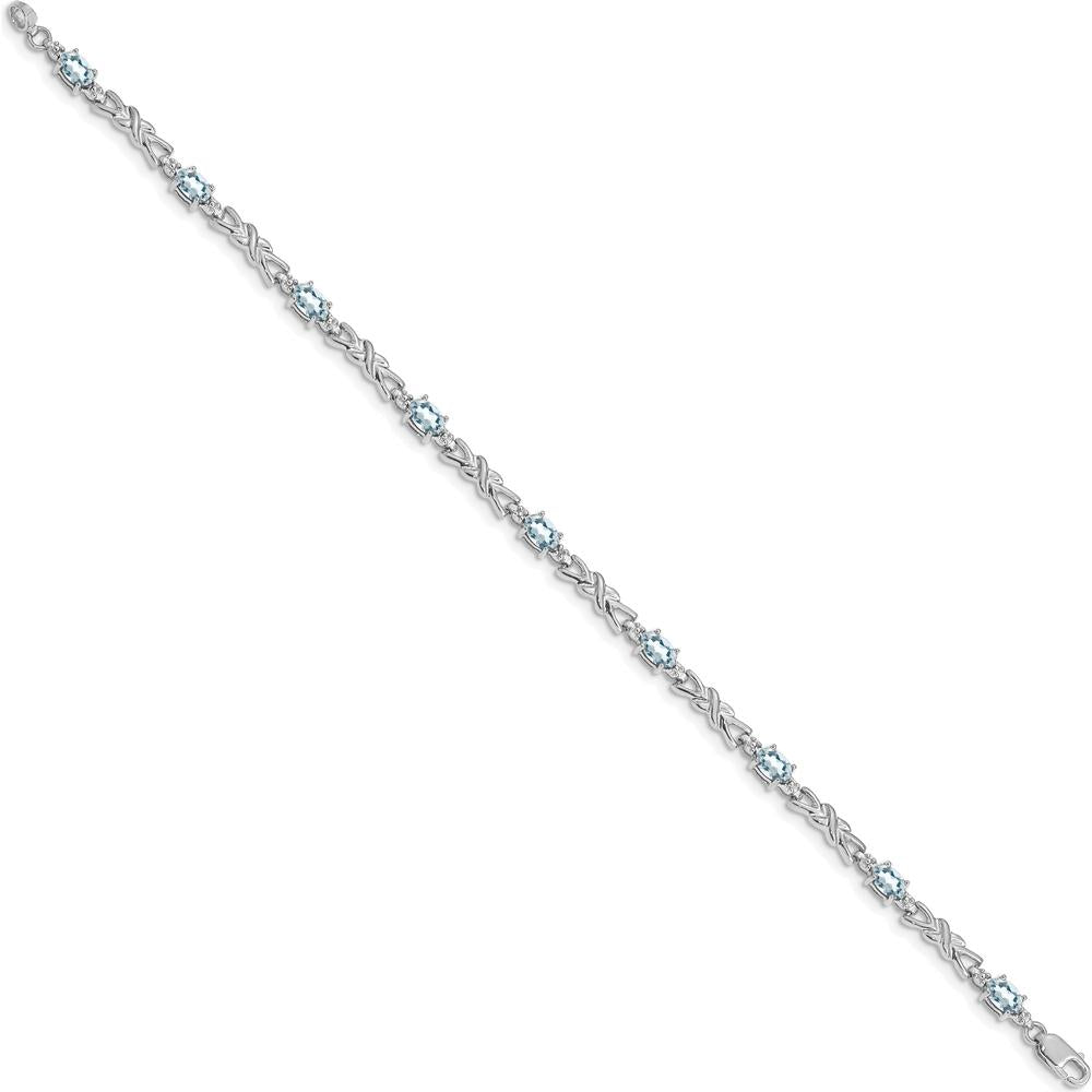 14K White Gold 7.25" Gemstone X-Design Bracelet with Aquamarine and Diamond Accents - 0.21 Carats Aquamarine, 0.01 Carats Diamond Total Weight by Oro Pregiato