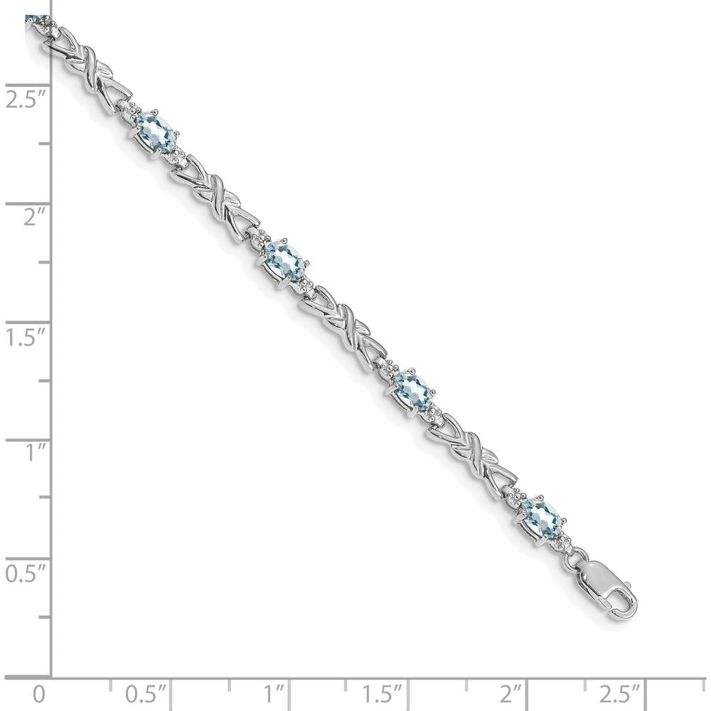 14K White Gold 7.25" Gemstone X-Design Bracelet with Aquamarine and Diamond Accents - 0.21 Carats Aquamarine, 0.01 Carats Diamond Total Weight by Oro Pregiato