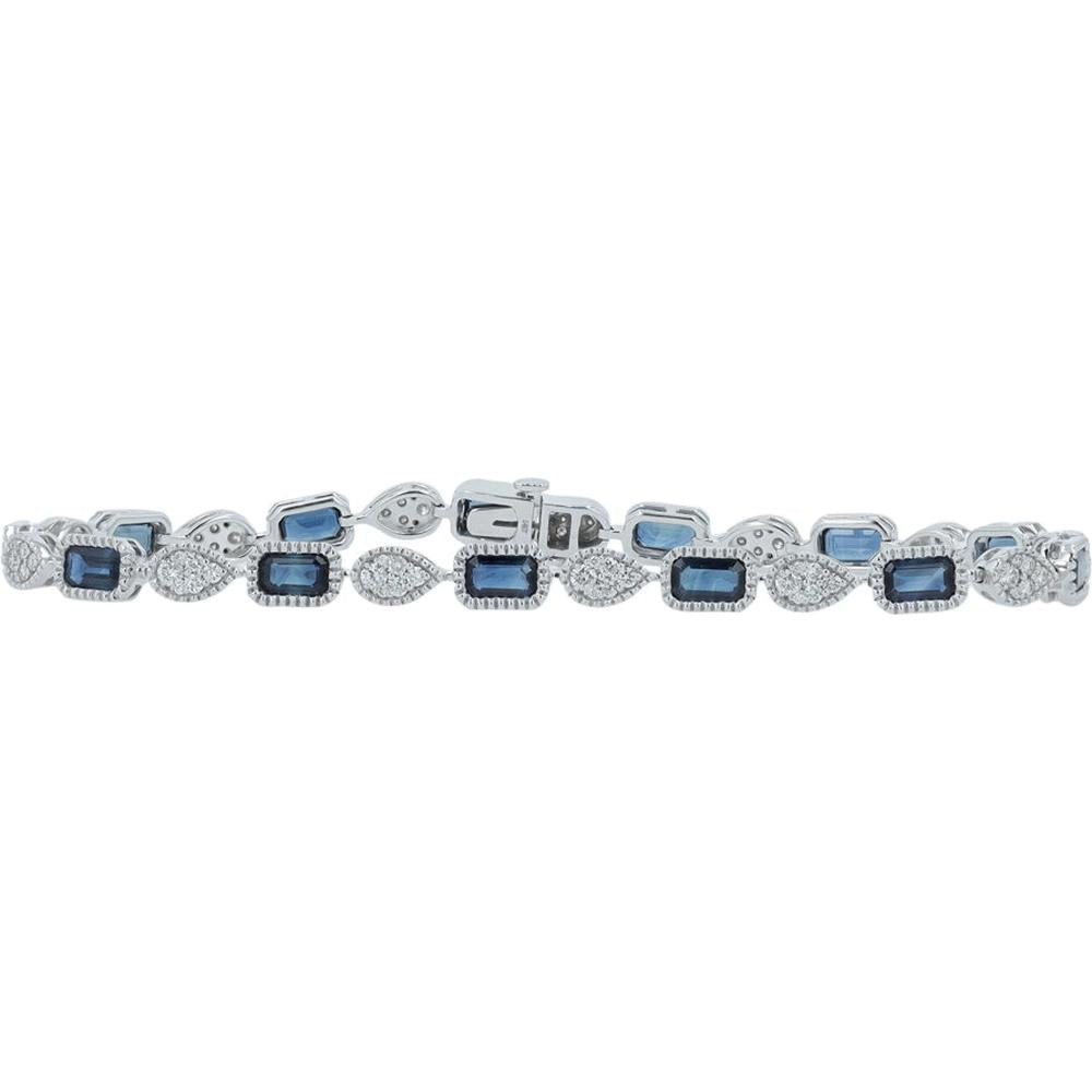 14K White Gold 7.25" Sapphire and Diamond Tennis Bracelet - 4.00 Carat Total Sapphire, 0.85 Carat Total Diamond
