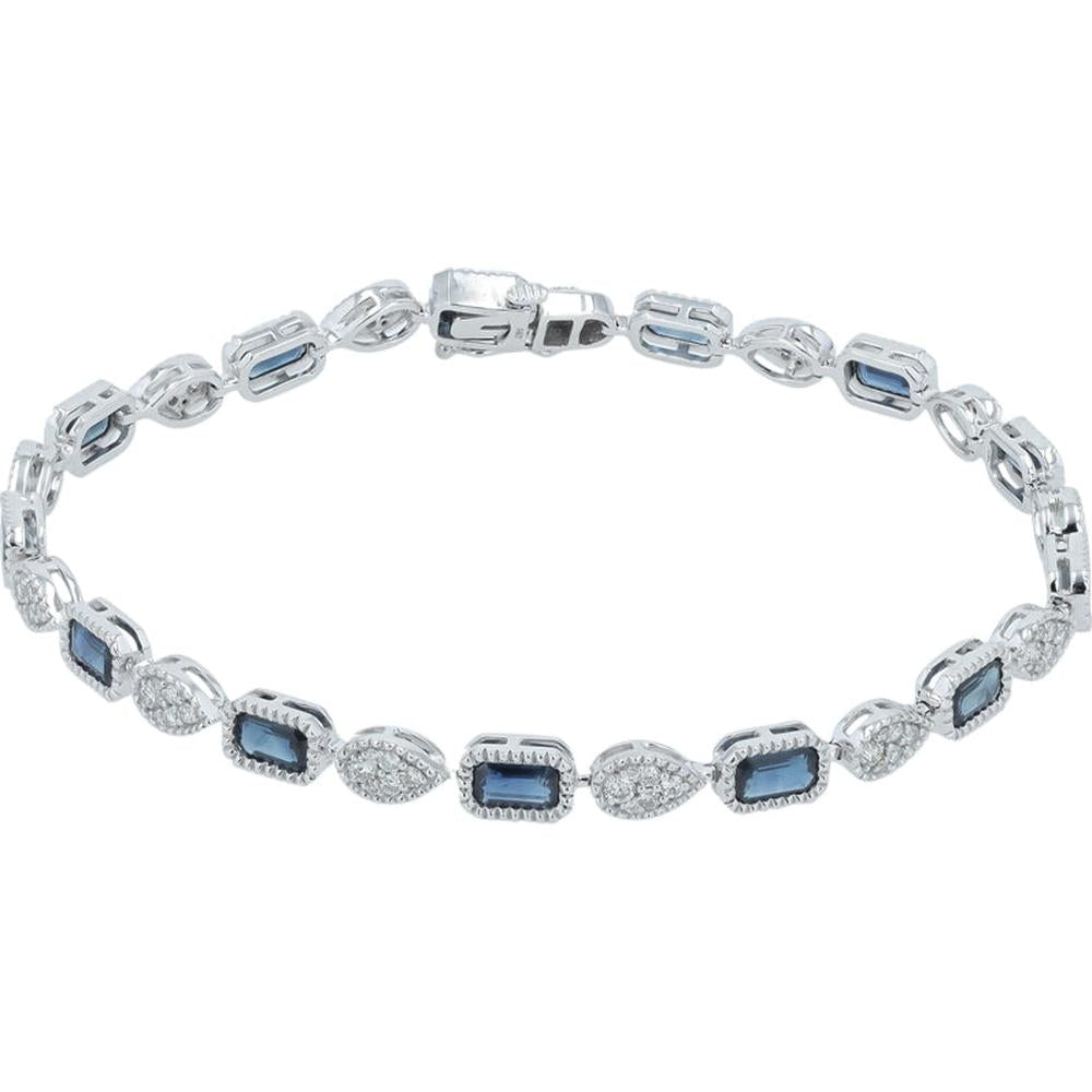 14K White Gold 7.25" Sapphire and Diamond Tennis Bracelet - 4.00 Carat Total Sapphire, 0.85 Carat Total Diamond