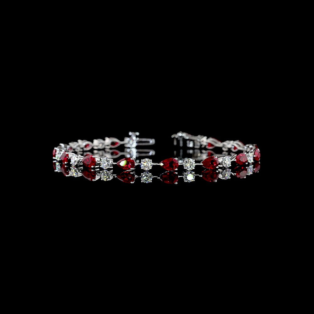 14K White Gold 7.25" Station Bracelet with Pear Cut Lab-Grown Rubies and Brilliant Cut Diamonds - 1.99 Carat Total Gem Weight - Covaloro Fine Jewelry