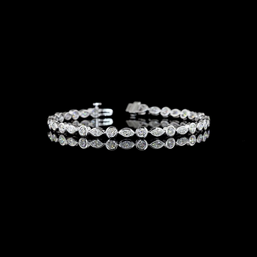 14K White Gold 7.25" Tennis Bracelet with East-West Bezel Set Marquise and Round Lab Diamonds - 4.13 Carat Total Diamond Weight - Covaloro Fine Jewelry