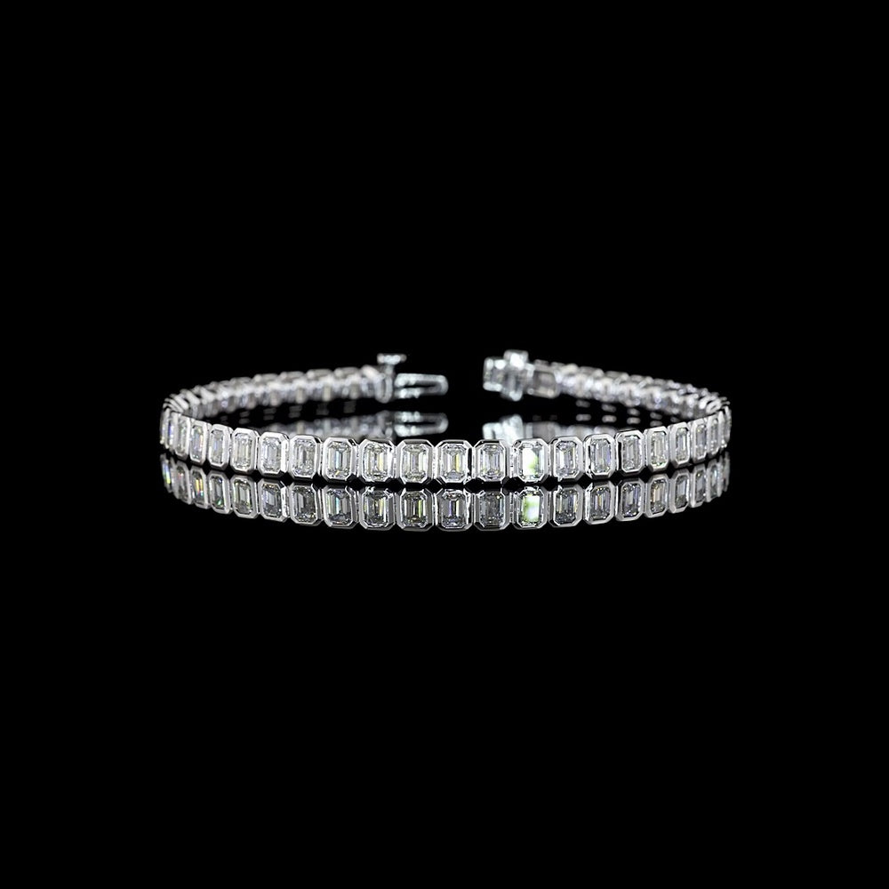14K White Gold 7.28 Carat Tennis Bracelet with Bezel Set Emerald Cut Lab Diamonds - 47 Stones E-F VS - Covaloro Fine Jewelry