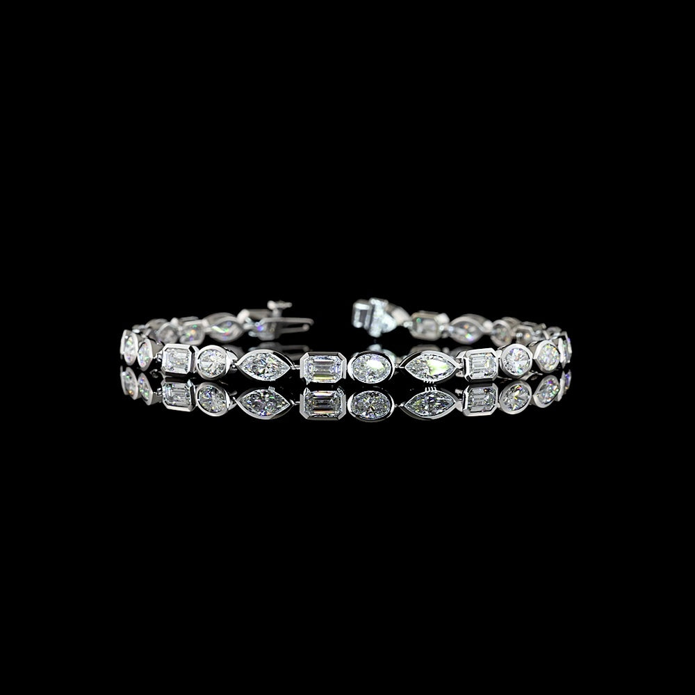 14K White Gold 7.36 Carats East-West Mixed Shape Tennis Bracelet with Bezel Set Lab Diamonds - Emerald, Marquise & Oval Cuts, E-F VS Clarity - Covaloro Fine Jewelry
