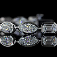 14K White Gold 7.36 Carats East-West Mixed Shape Tennis Bracelet with Bezel Set Lab Diamonds - Emerald, Marquise & Oval Cuts, E-F VS Clarity - Covaloro Fine Jewelry