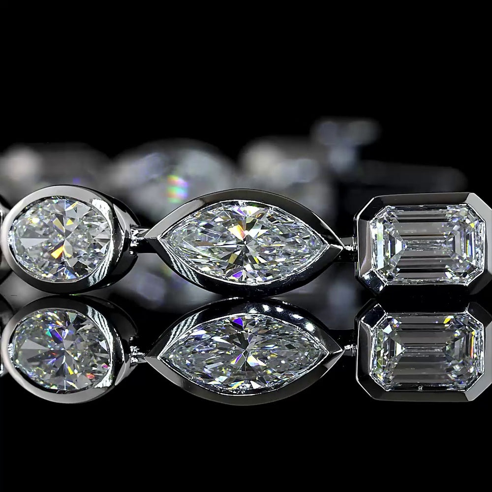 14K White Gold 7.36 Carats East-West Mixed Shape Tennis Bracelet with Bezel Set Lab Diamonds - Emerald, Marquise & Oval Cuts, E-F VS Clarity - Covaloro Fine Jewelry