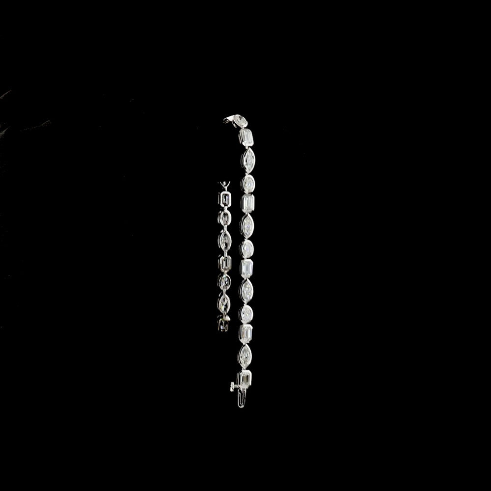 14K White Gold 7.36 Carats East-West Mixed Shape Tennis Bracelet with Bezel Set Lab Diamonds - Emerald, Marquise & Oval Cuts, E-F VS Clarity - Covaloro Fine Jewelry