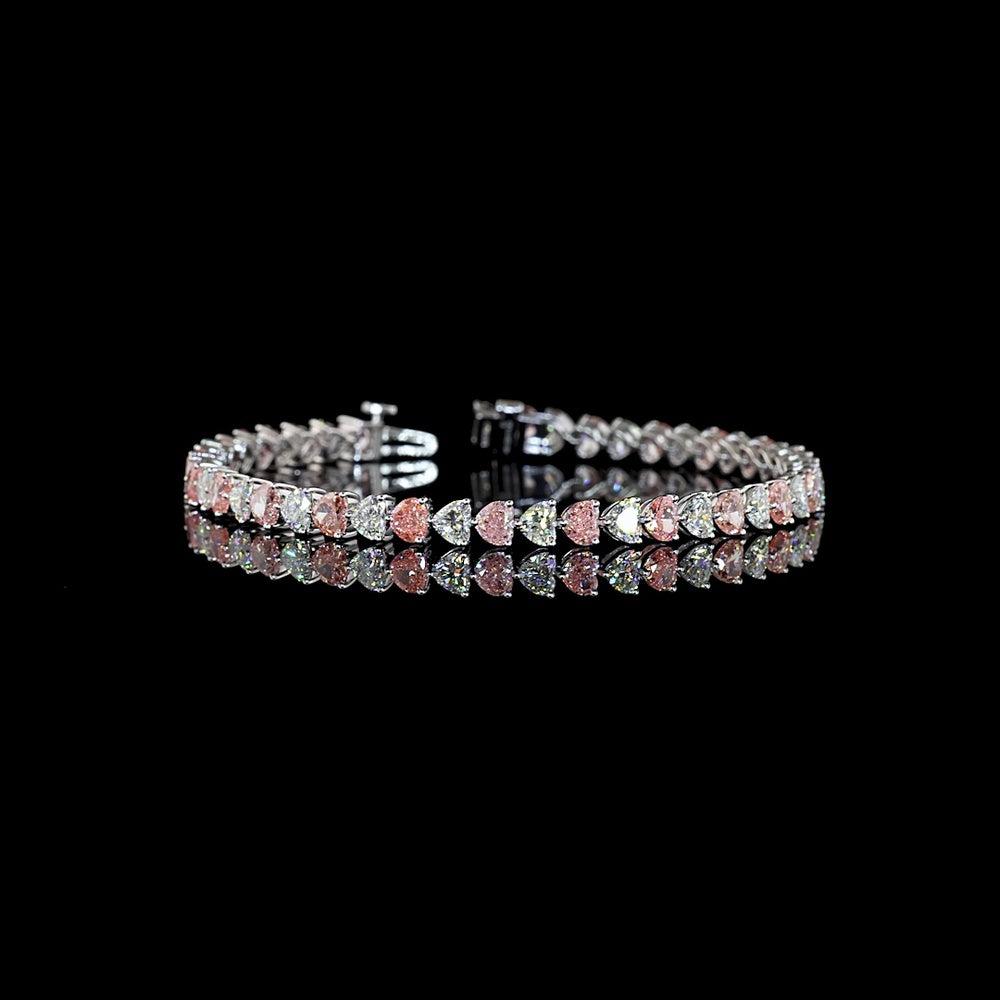 14K White Gold 7.5" Heart Shaped Tennis Bracelet with Alternating Fancy Vivid Pink and White Lab Diamonds - 11.42 Carat Total Diamond Weight - Covaloro Fine Jewelry