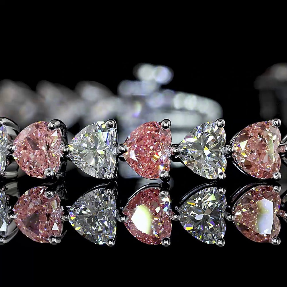 14K White Gold 7.5" Heart Shaped Tennis Bracelet with Alternating Fancy Vivid Pink and White Lab Diamonds - 11.42 Carat Total Diamond Weight - Covaloro Fine Jewelry
