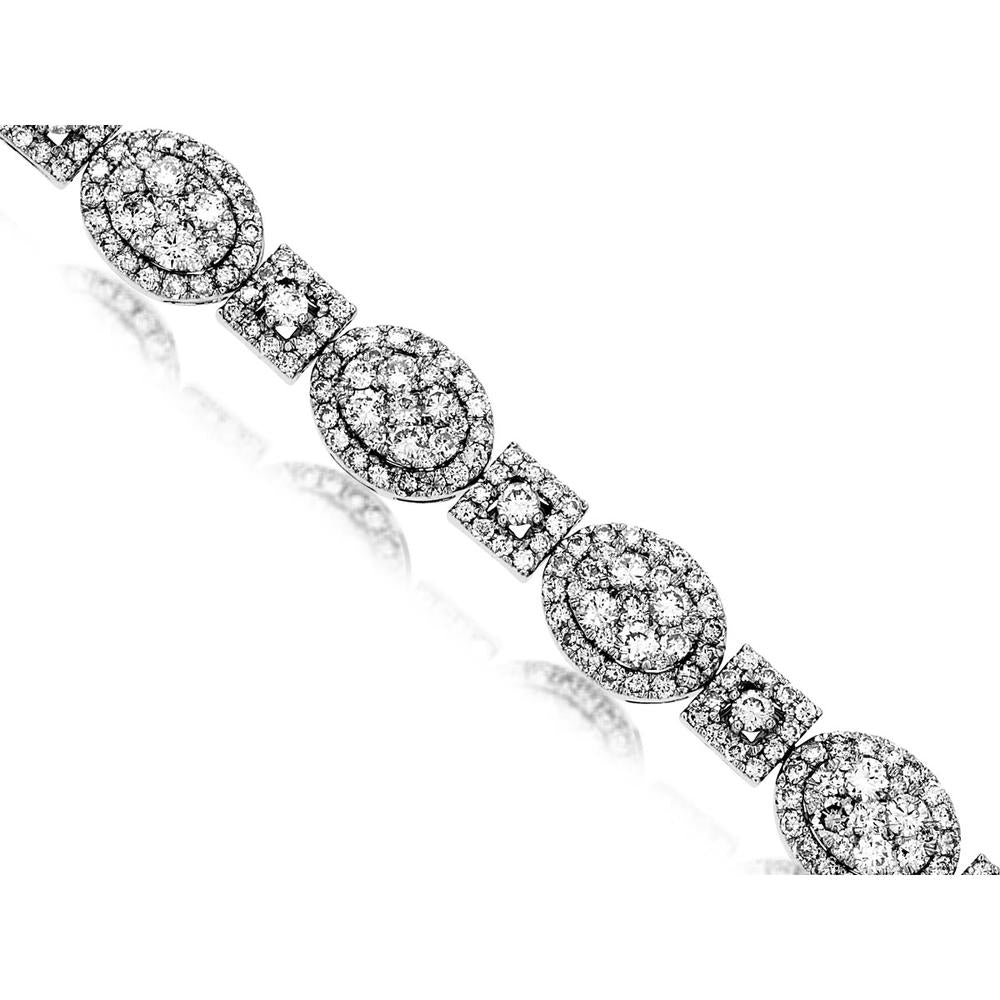 14K White Gold 7.5 Inch Bracelet with Alternating Oval and Square Diamond Clusters - 8.50 Carat Total Diamond Weight - Royal Jewelry