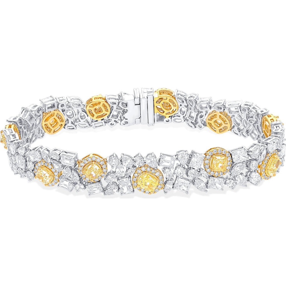 14K White Gold 7.5 Inch Bracelet with Fancy Yellow Cushion and Round White Diamonds - 18.10 Carat Total Diamond Weight by Auriventus