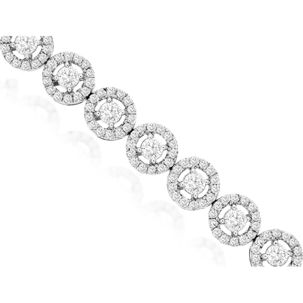 14K White Gold 7.5 Inch Station Bracelet with Halo Set Round Diamonds Diamonds - 5.00 Carat Total Diamond Weight - Royal Jewelry