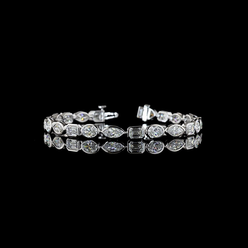 14K White Gold 7.5-Inch Tennis Bracelet with Bezel Set East-West Emerald, Marquise, and Oval Lab Diamonds - 9.87 Carats Total Diamond Weight - Covaloro Fine Jewelry