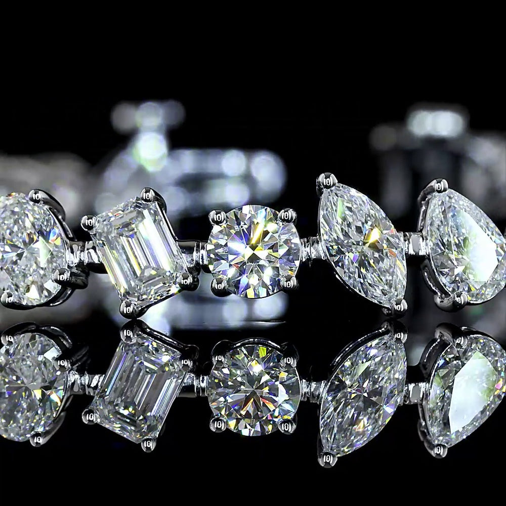 14K White Gold 7.5" Mixed Shape Station Bracelet with Oval, Emerald, and Round Lab Diamonds - 8.79 Carat Total Diamond Weight - Covaloro Fine Jewelry