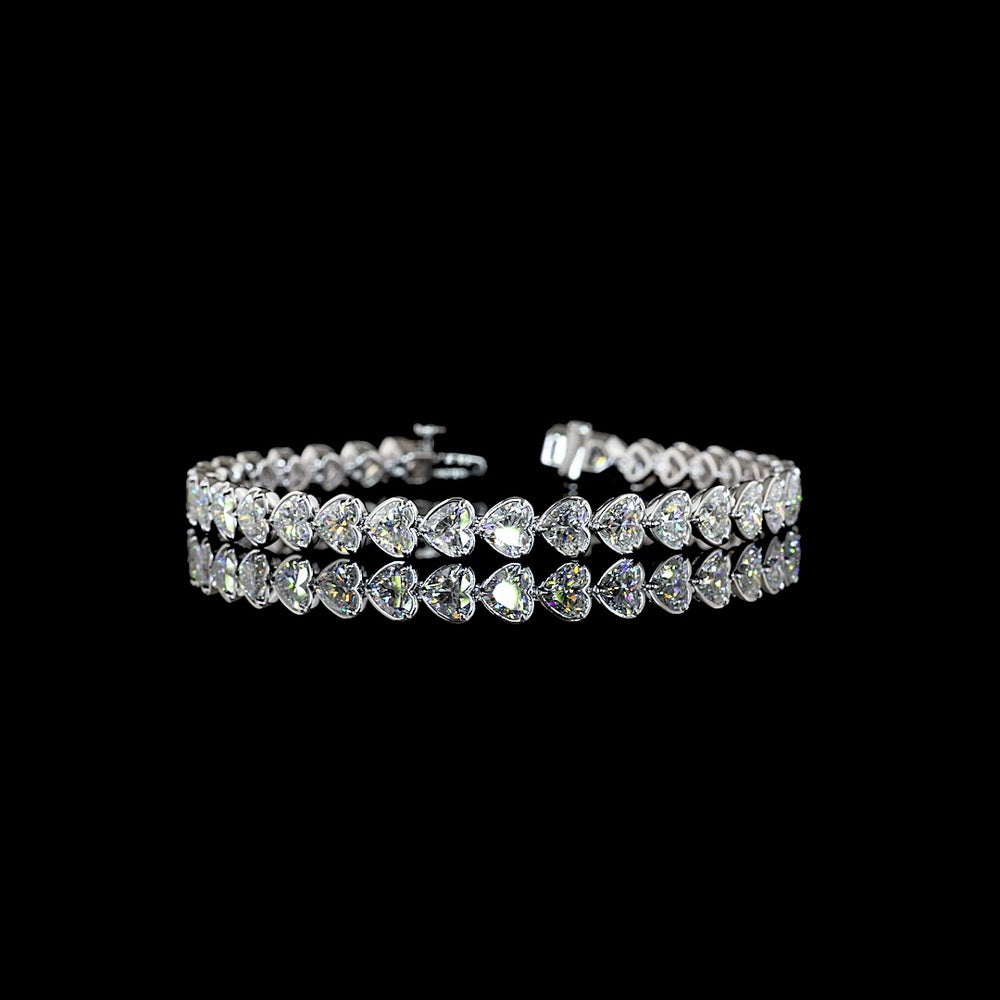 14K White Gold 7.5" Tennis Bracelet with 33 Bezel-Prong Set Heart Shape Lab Diamonds - 12.14 Carat Total Weight - Covaloro Fine Jewelry