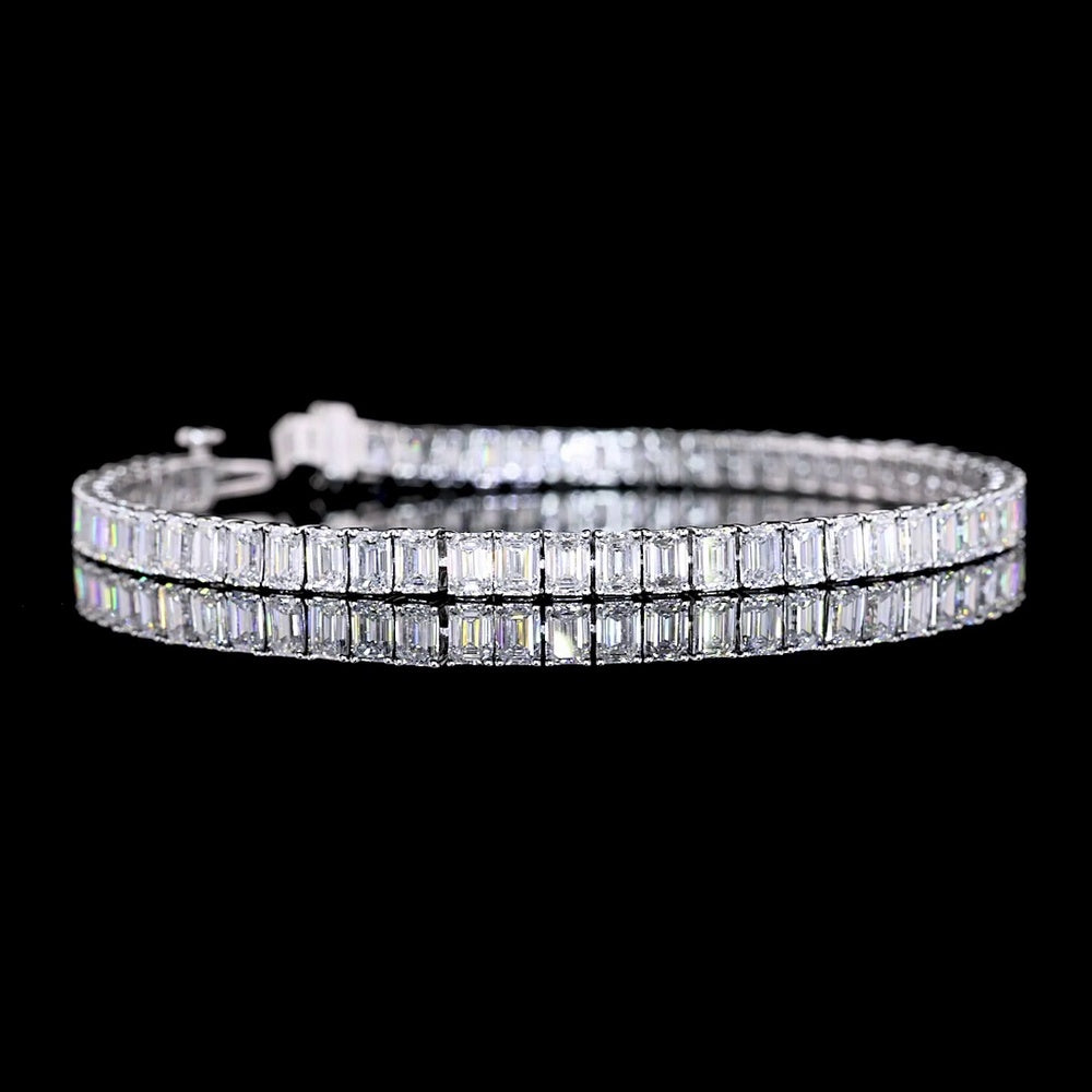 14K White Gold 7.5" Tennis Bracelet with 63 Prong Set Emerald Cut Lab Diamonds - 9.80 Carats Total Diamond Weight - Covaloro Fine Jewelry