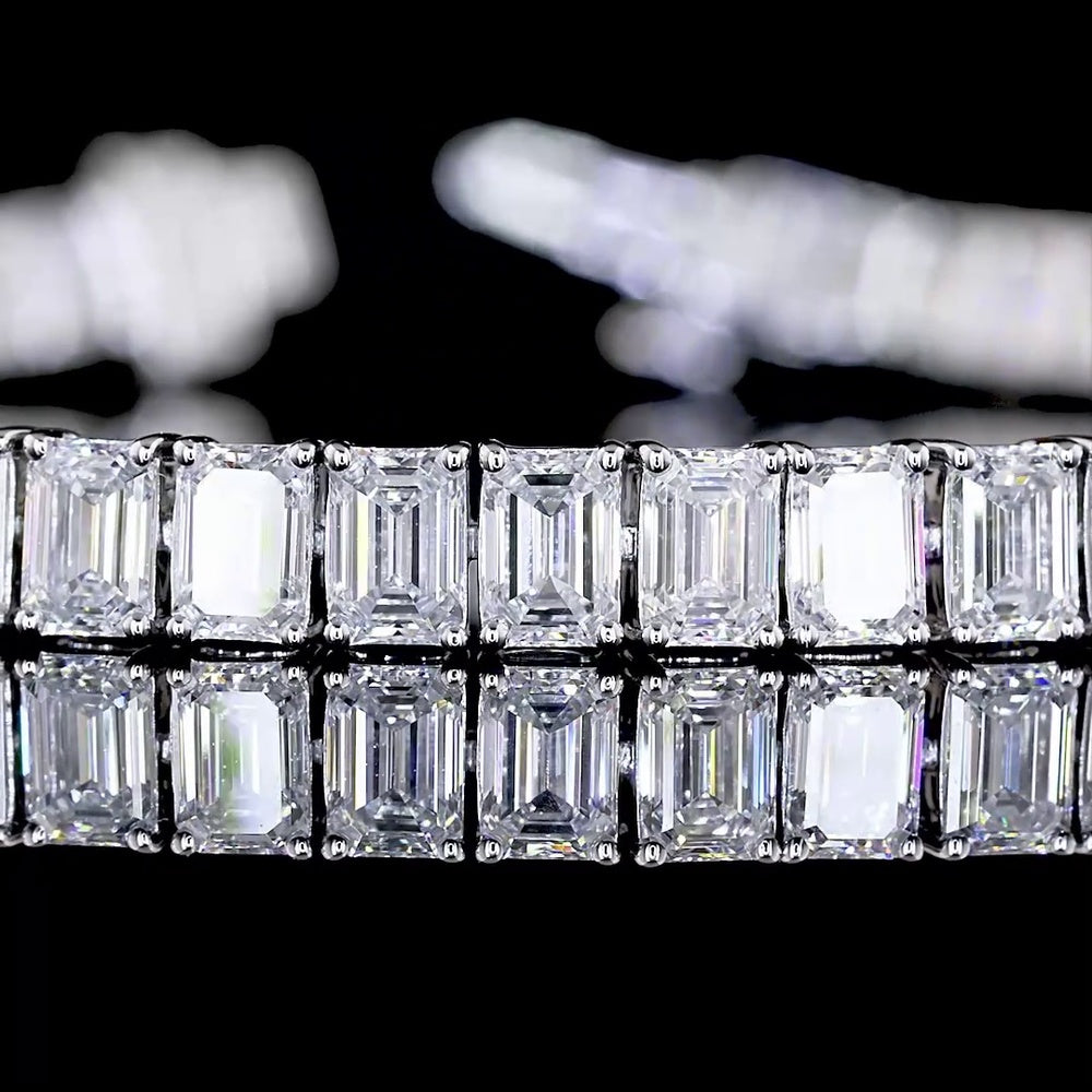 14K White Gold 7.5" Tennis Bracelet with 63 Prong Set Emerald Cut Lab Diamonds - 9.80 Carats Total Diamond Weight - Covaloro Fine Jewelry
