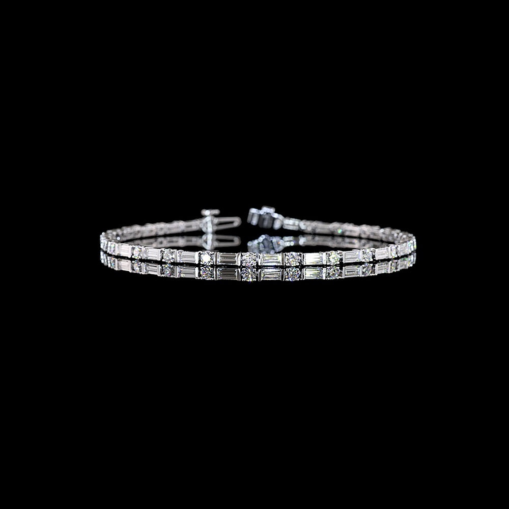 14K White Gold 7.5" Tennis Bracelet with Alternating East-West Baguette and Round Brilliant Lab Diamonds - 3.78 Carats Total Diamond Weight - Covaloro Fine Jewelry