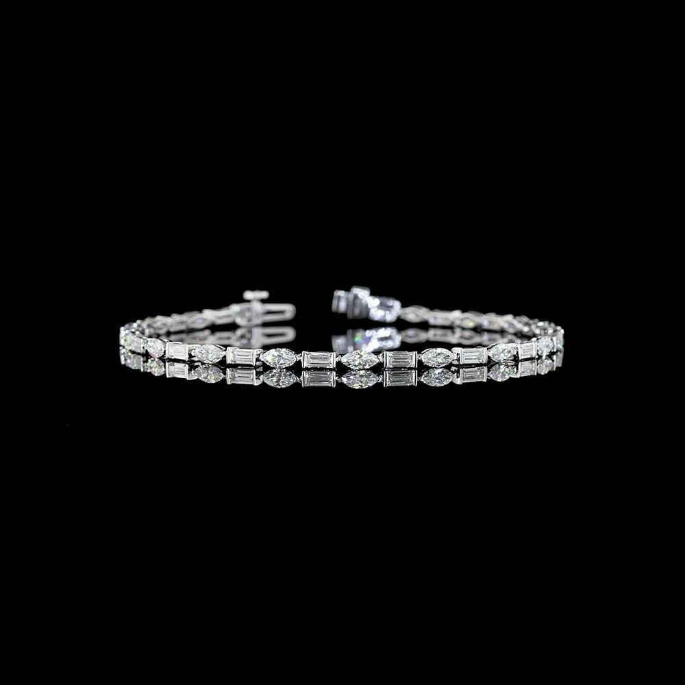 14K White Gold 7.5" Tennis Bracelet with Alternating Marquise and Baguette Cut Lab Diamonds in Half-Bezel Setting - 3.55 Carats Total Diamond Weight - Covaloro Fine Jewelry