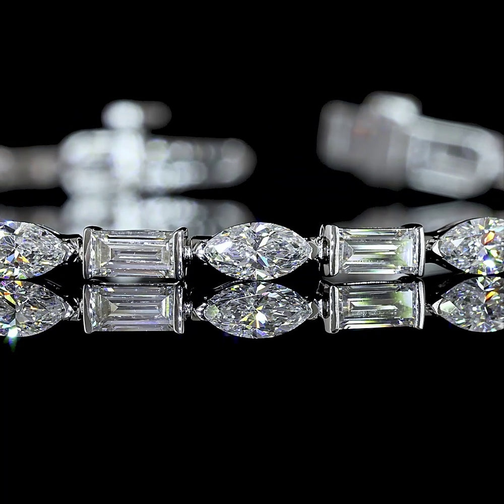 14K White Gold 7.5" Tennis Bracelet with Alternating Marquise and Baguette Cut Lab Diamonds in Half-Bezel Setting - 3.55 Carats Total Diamond Weight - Covaloro Fine Jewelry