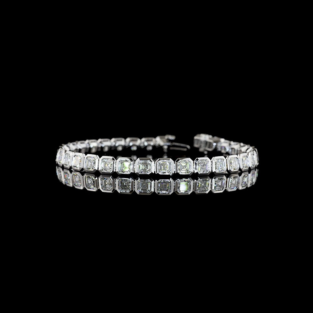 14K White Gold 7.5" Tennis Bracelet with Bezel Set Asscher Cut Lab Diamonds - 12.29 Carat Total Weight - Covaloro Fine Jewelry