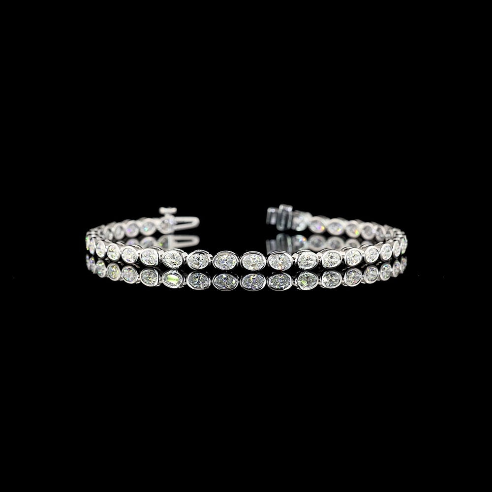 14K White Gold 7.5" Tennis Bracelet with East-West Bezel Set Oval Cut Lab Diamonds - 3.54 Carats Total Diamond Weight - Covaloro Fine Jewelry