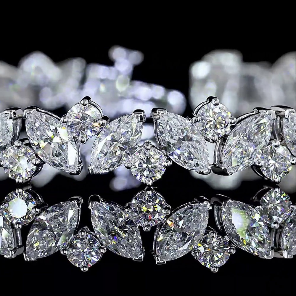 14K White Gold 7.5" Tennis Bracelet with Inclined Prong Set Marquise and Round Lab Diamonds - 9.91 Carat Total Diamond Weight - Covaloro Fine Jewelry