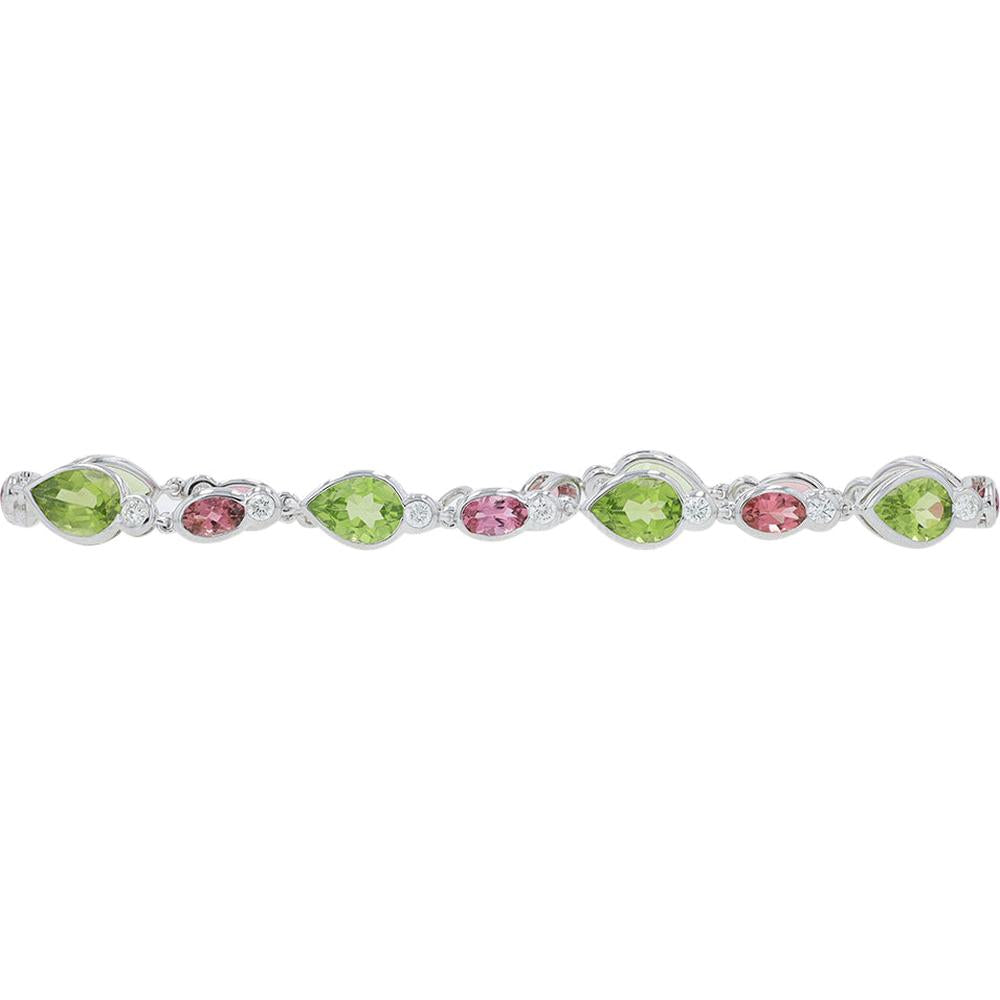 14K White Gold 7.50 Carat Tourmaline & Peridot Station Bracelet with 0.50 Carat Diamond Accents