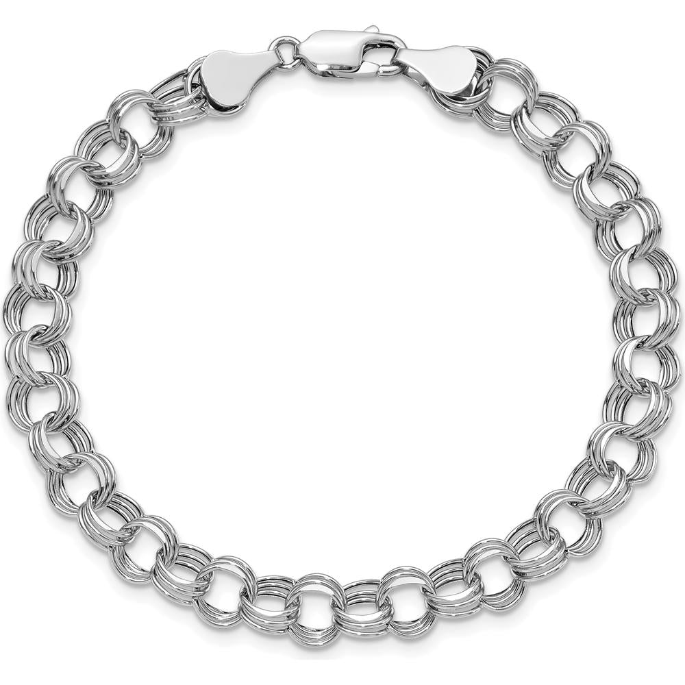 14K White Gold 7.5mm Hollow Triple Link Charm Bracelet - 8.25" Length by Oro Pregiato