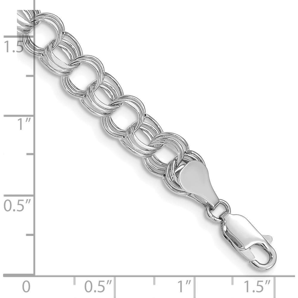 14K White Gold 7.5mm Hollow Triple Link Charm Bracelet with Diamond-Cut Texture and Rhodium Plating - 7.25" Length by Oro Pregiato