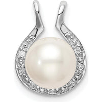 14K White Gold 7.5mm Round Freshwater Cultured Pearl and Diamond Pendant - 0.044 Carat Total Diamond Weight by Monteluci Fine Jewelry