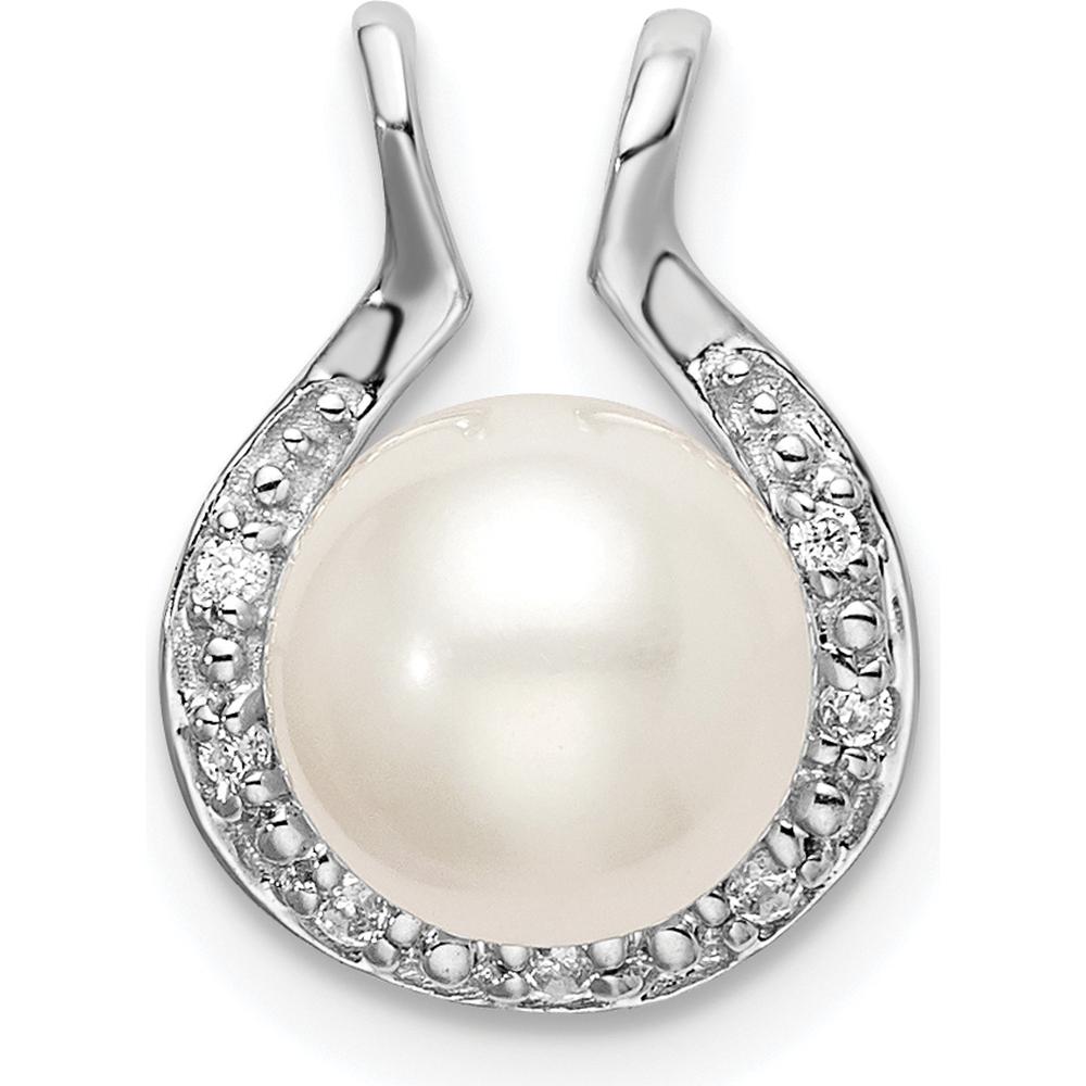 14K White Gold 7.5mm Round Freshwater Cultured Pearl and Diamond Pendant - 0.044 Carat Total Diamond Weight by Monteluci Fine Jewelry