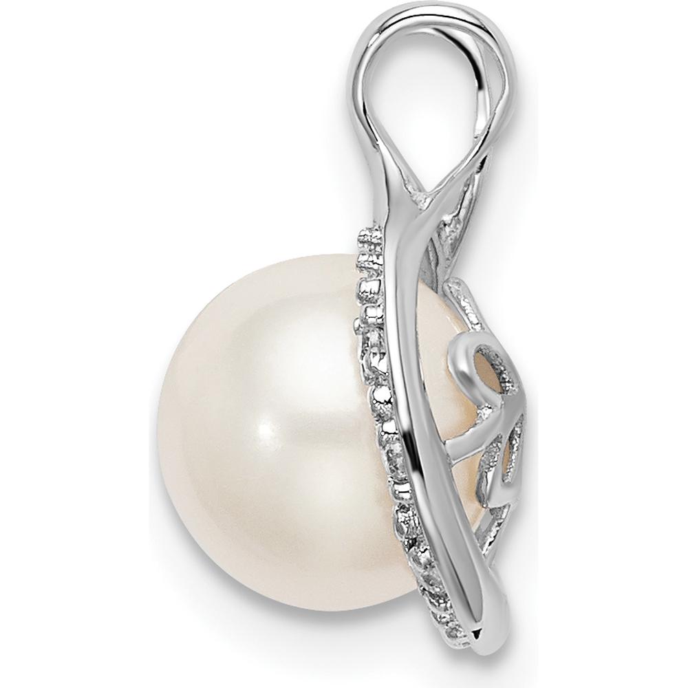 14K White Gold 7.5mm Round Freshwater Cultured Pearl and Diamond Pendant - 0.044 Carat Total Diamond Weight by Monteluci Fine Jewelry