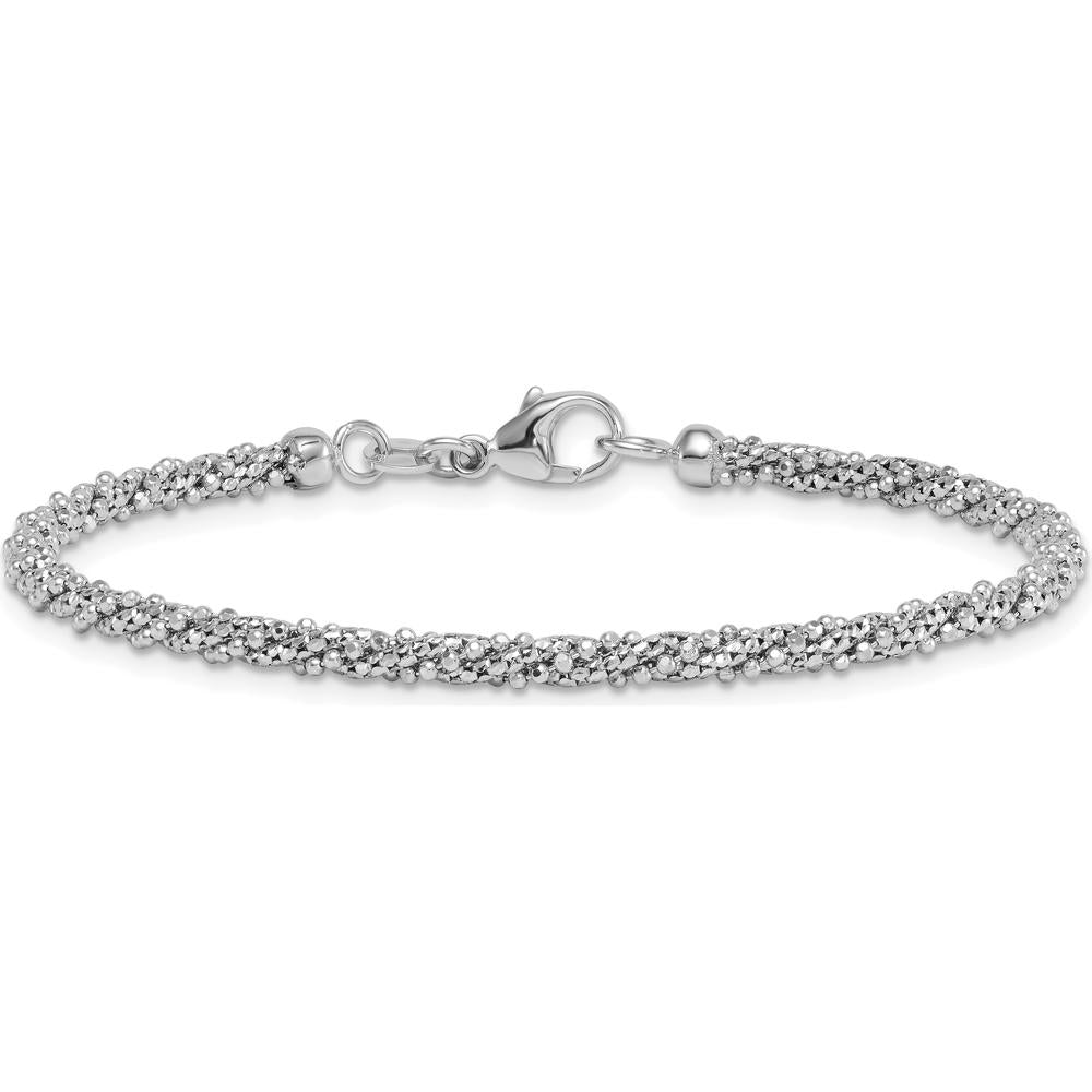 14K White Gold 7.75" Twisted Mesh Fancy Beaded Bracelet with Polished and Textured Finish by 0