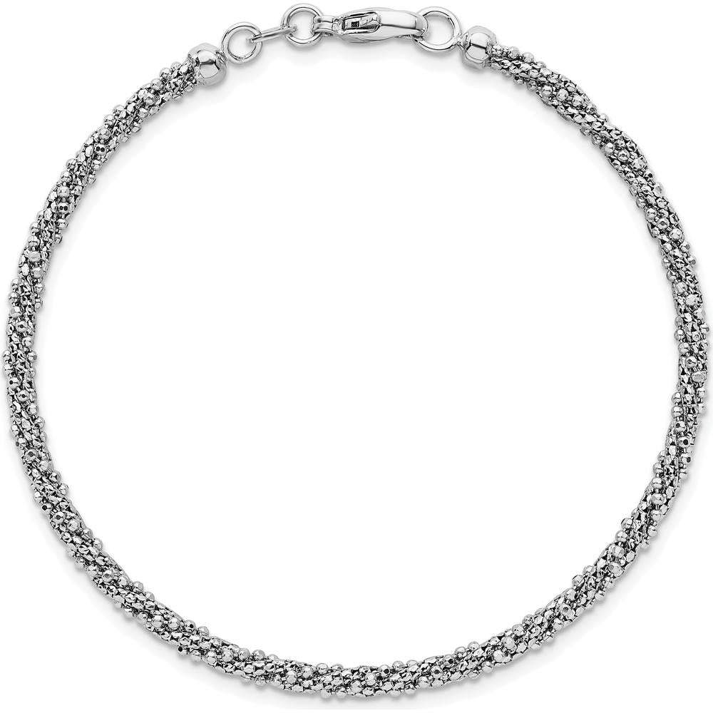 14K White Gold 7.75" Twisted Mesh Fancy Beaded Bracelet with Polished and Textured Finish by 0