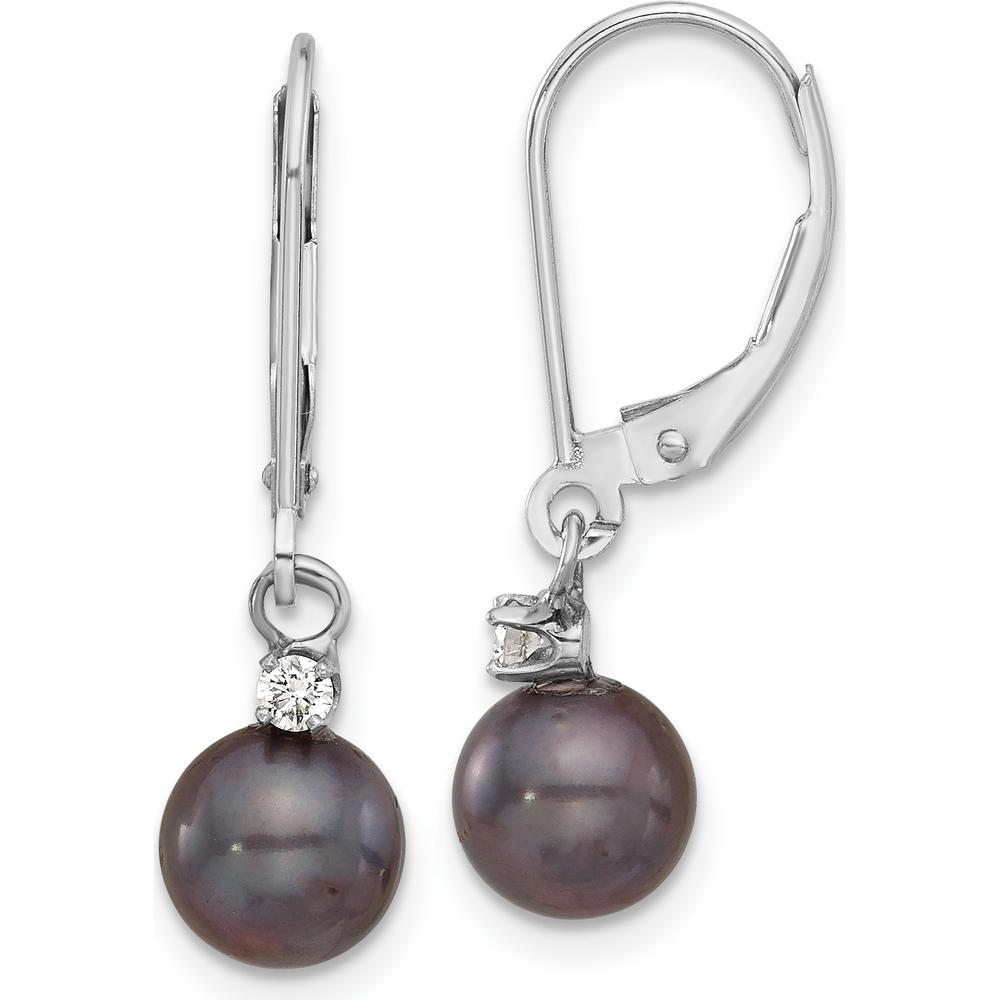 14K White Gold 7-8mm Black Freshwater Cultured Pearl and Diamond Dangle Earrings - 0.10 Carat Total Diamond Weight by Monteluci Fine Jewelry