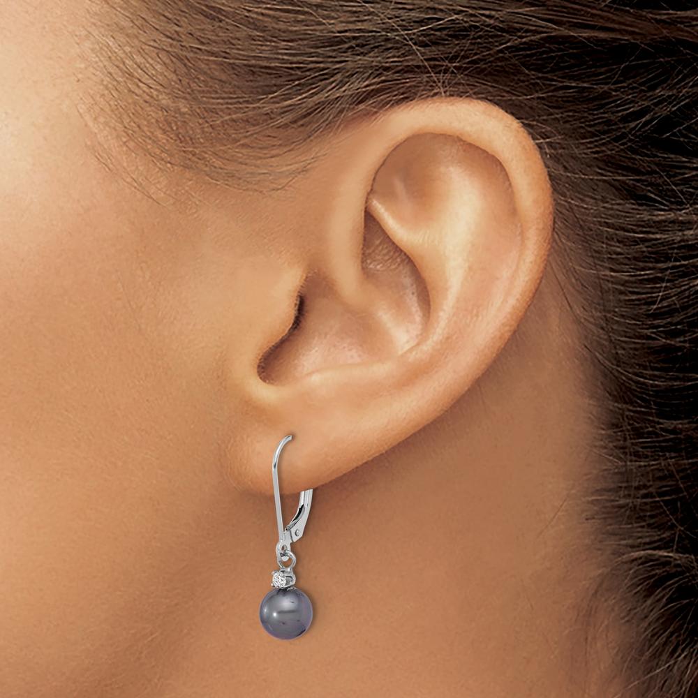14K White Gold 7-8mm Black Freshwater Cultured Pearl and Diamond Dangle Earrings - 0.10 Carat Total Diamond Weight by Monteluci Fine Jewelry