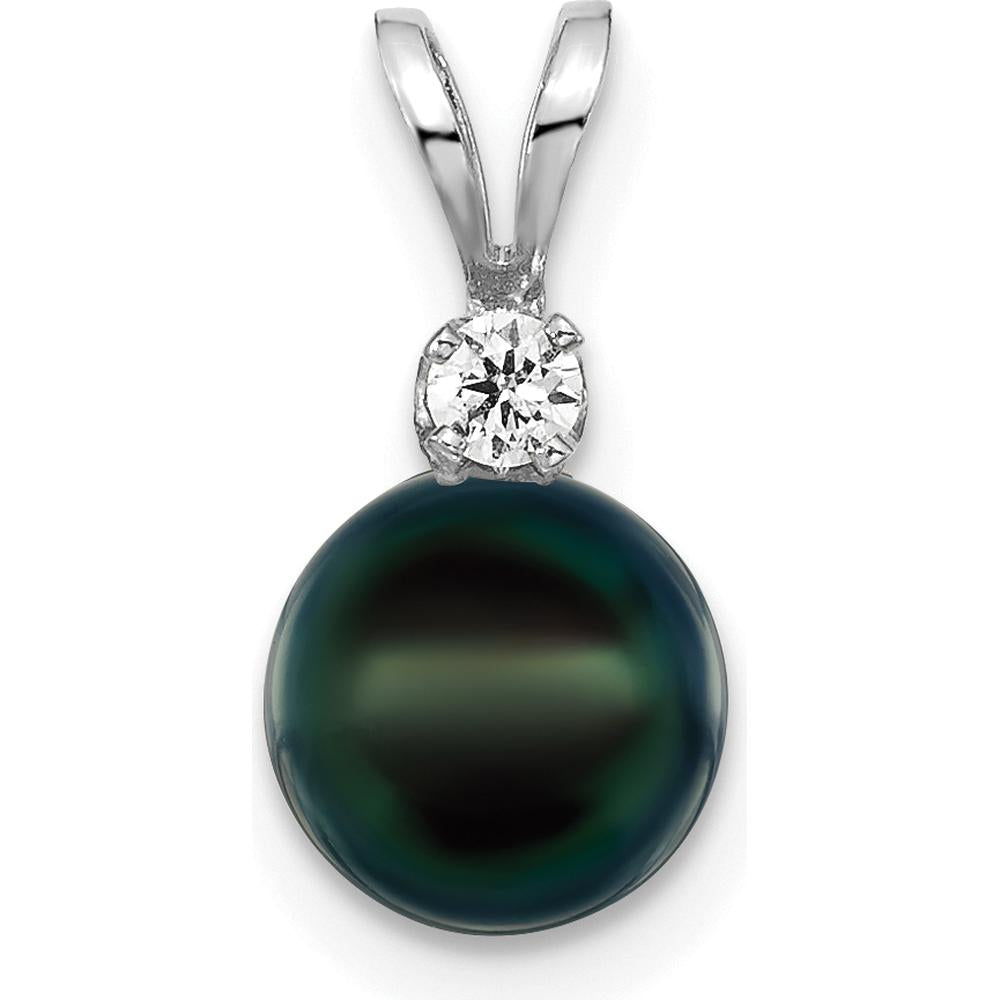 14K White Gold 7-8mm Black Round Akoya Cultured Pearl and 0.05 Carat Diamond Pendant by Monteluci Fine Jewelry