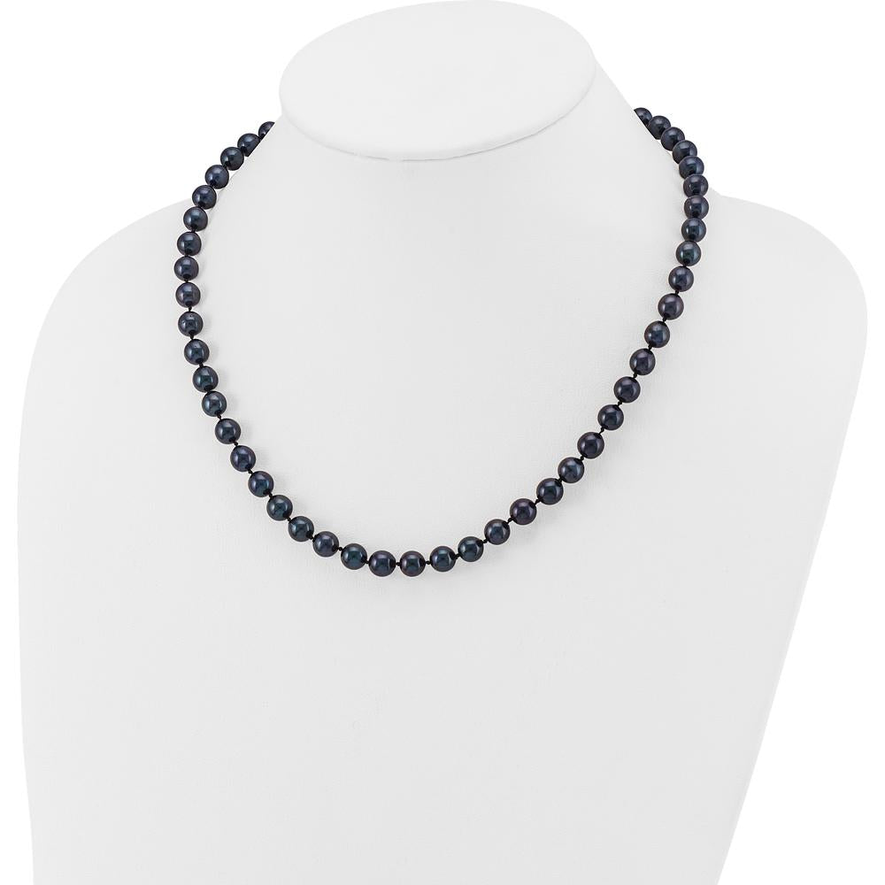 14K White Gold 7-8mm Black Round Akoya Pearl Necklace - Rhodium Plated 18" by Monteluci Fine Jewelry