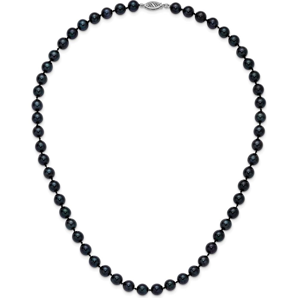 14K White Gold 7-8mm Black Round Akoya Pearl Necklace - Rhodium Plated 18" by Monteluci Fine Jewelry