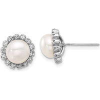 14K White Gold 7-8mm Freshwater Cultured Pearl and 0.28 Carat Diamond Button Earrings by Monteluci Fine Jewelry