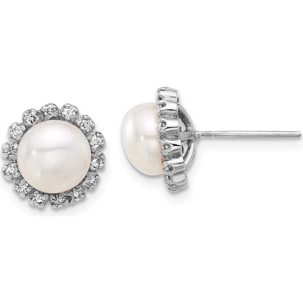 14K White Gold 7-8mm Freshwater Cultured Pearl and 0.28 Carat Diamond Button Earrings by Monteluci Fine Jewelry