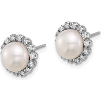 14K White Gold 7-8mm Freshwater Cultured Pearl and 0.28 Carat Diamond Button Earrings by Monteluci Fine Jewelry
