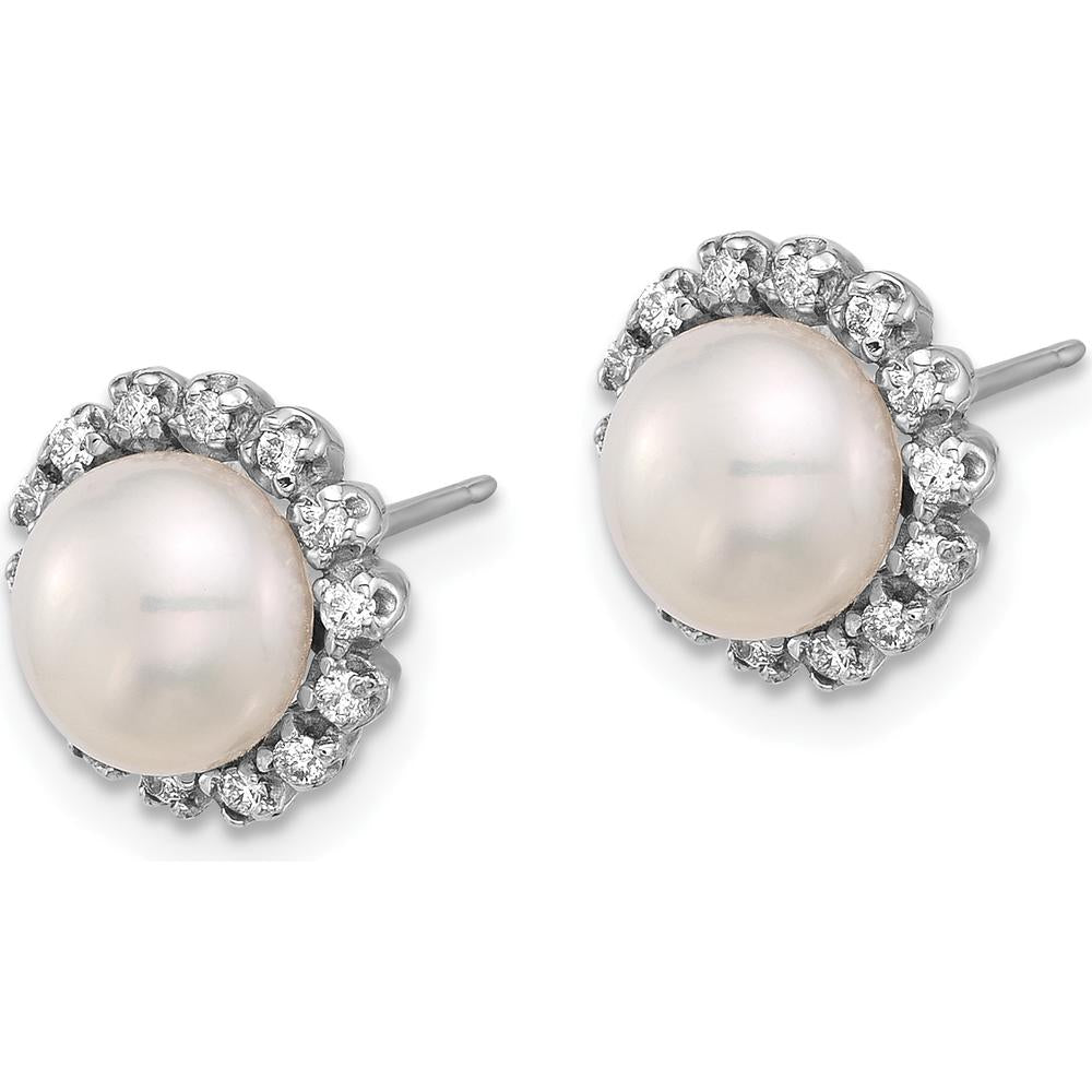 14K White Gold 7-8mm Freshwater Cultured Pearl and 0.28 Carat Diamond Button Earrings by Monteluci Fine Jewelry