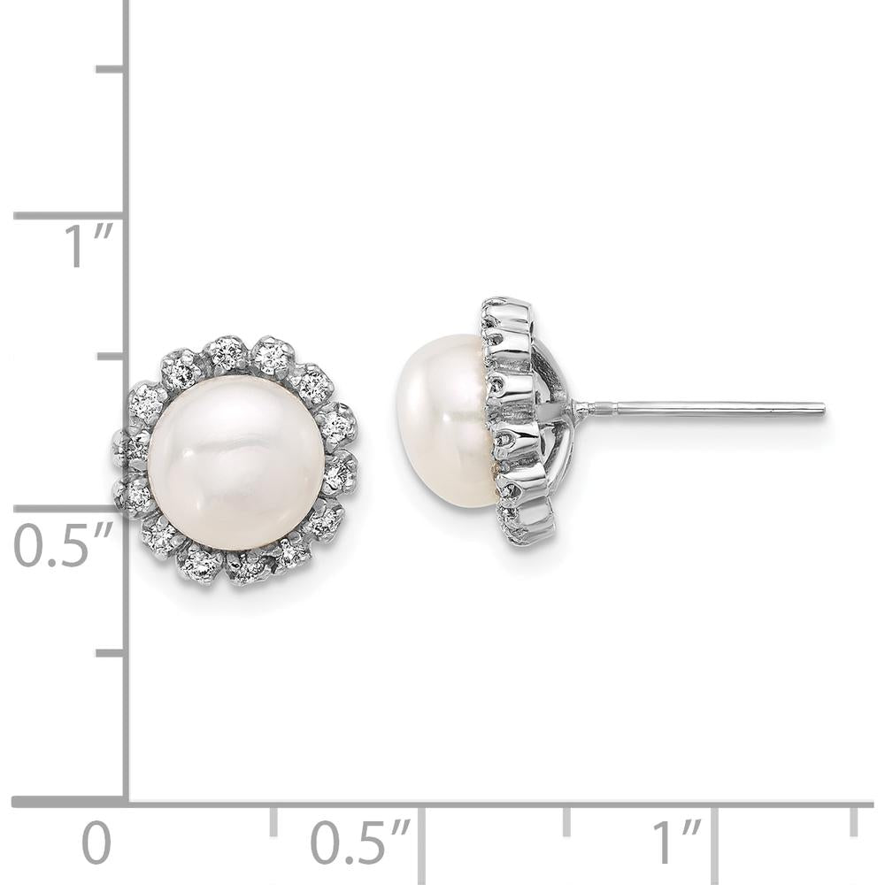 14K White Gold 7-8mm Freshwater Cultured Pearl and 0.28 Carat Diamond Button Earrings by Monteluci Fine Jewelry
