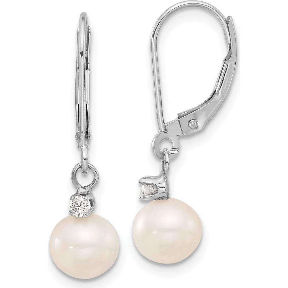 14K White Gold 7-8mm Freshwater Cultured Pearl and Diamond Dangle Earrings - 0.10 Carat Total Diamond Weight by Monteluci Fine Jewelry